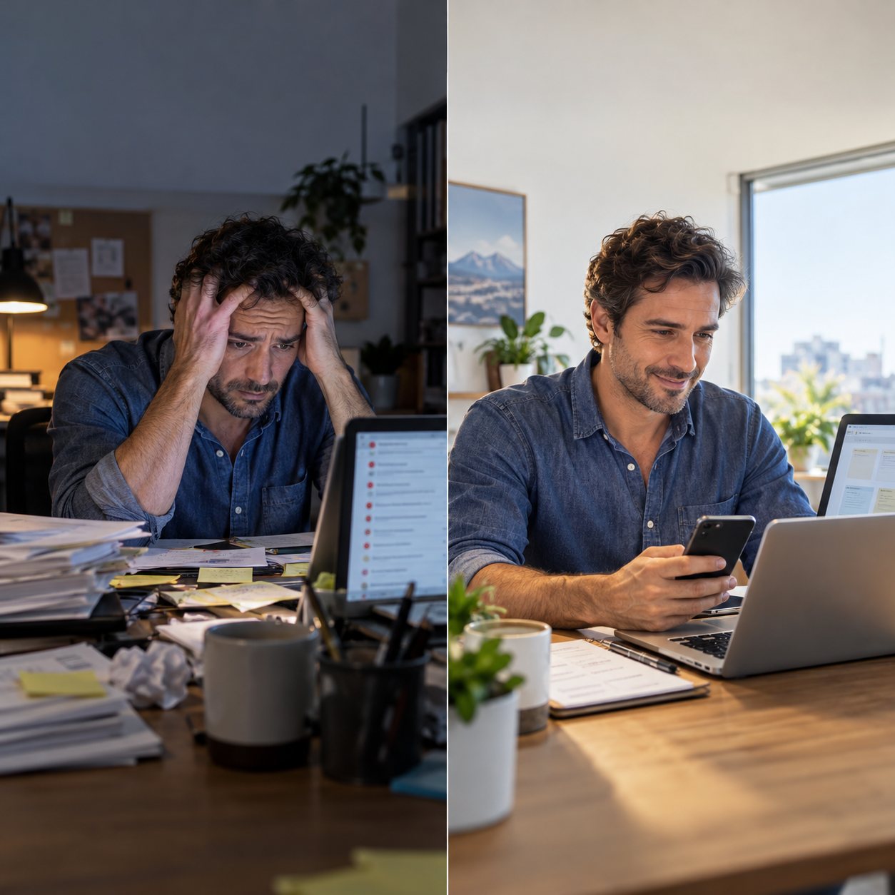 La misma persona, antes abrumada con tareas y después usando IA con claridad en su trabajo